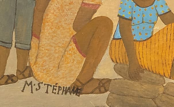 Micius Stephane (1912-1996) 24"x30" Scène de village c1980 Huile sur planche Peinture encadrée #11SS