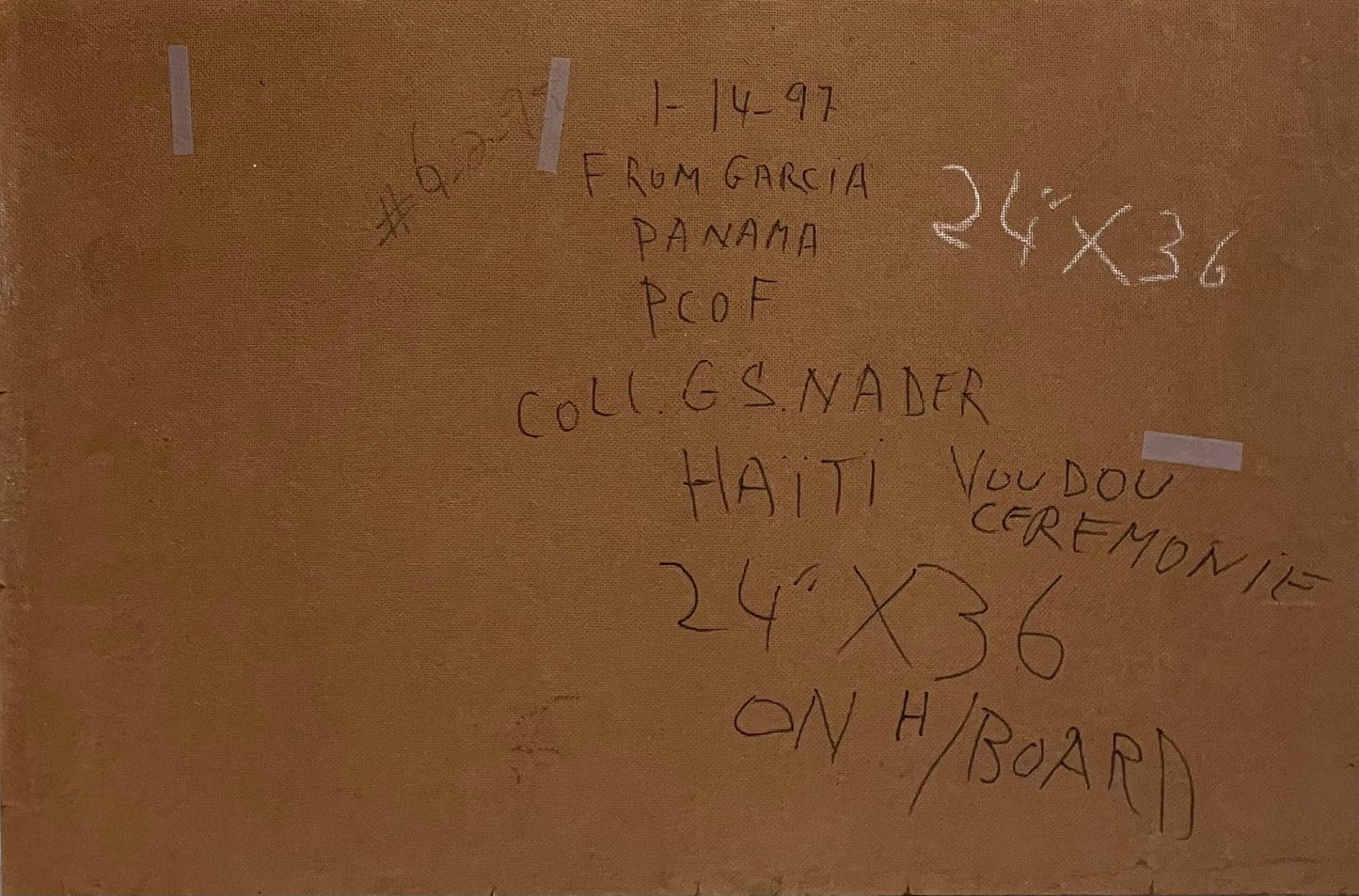 Andre Pierre (Haitian, 1914-2005) Vodou Ceremony Unframed Oil on Board Painting 24"h x 36"w #6-2-95GSN-NY