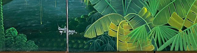Albott Bonhomme 60"x40" Tropical Jungle Landscape with Waterfall & Parrots c2000 Acrylic on Canvas Unframed Painting #4JN-HA