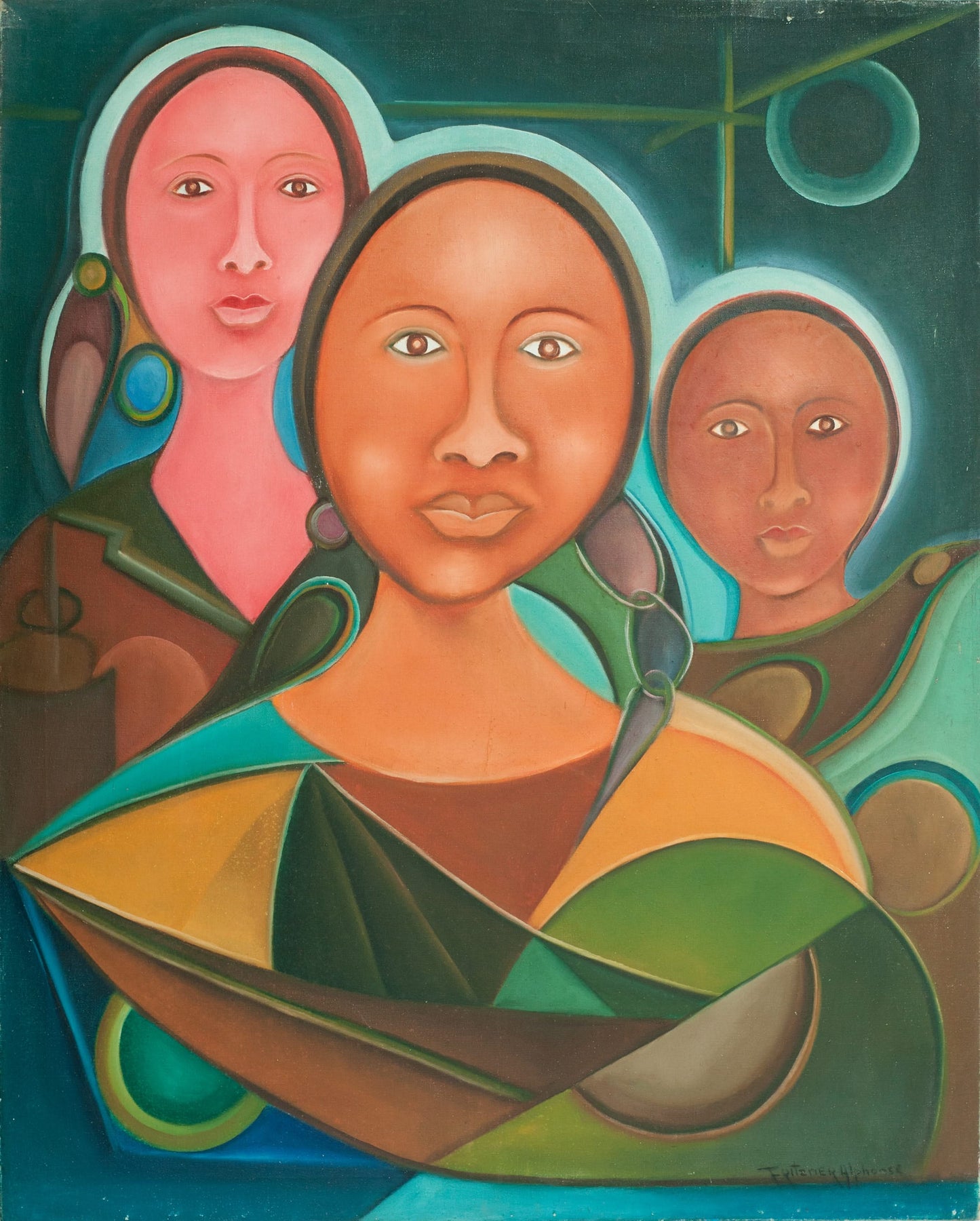 Fritzner Alphonse (Haïtien, 1938-2006) 30"x24" Trois portraits 1981 Huile sur toile Peinture non encadrée #4-3-96GSN-Fondation Marie & Georges S. Nader