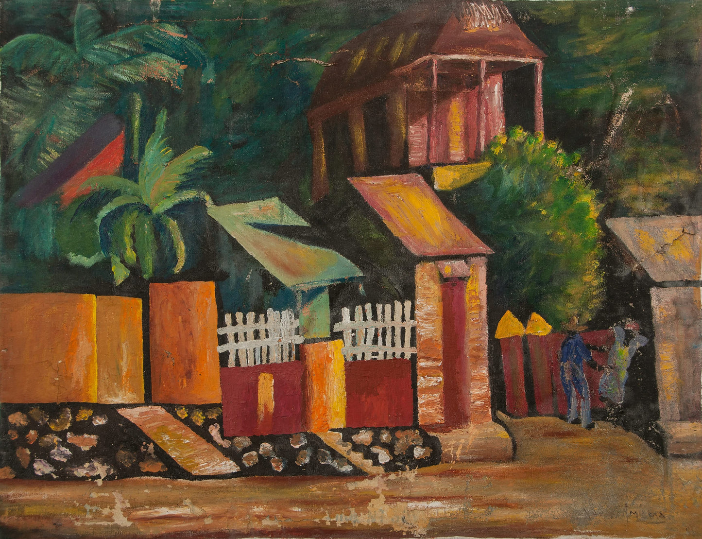 Xavier Amiama 23 ½" x29 ½" Le quartier c1968 Huile sur toile Peinture #7-3-96GSN-Fondation Marie & Georges S. Nader