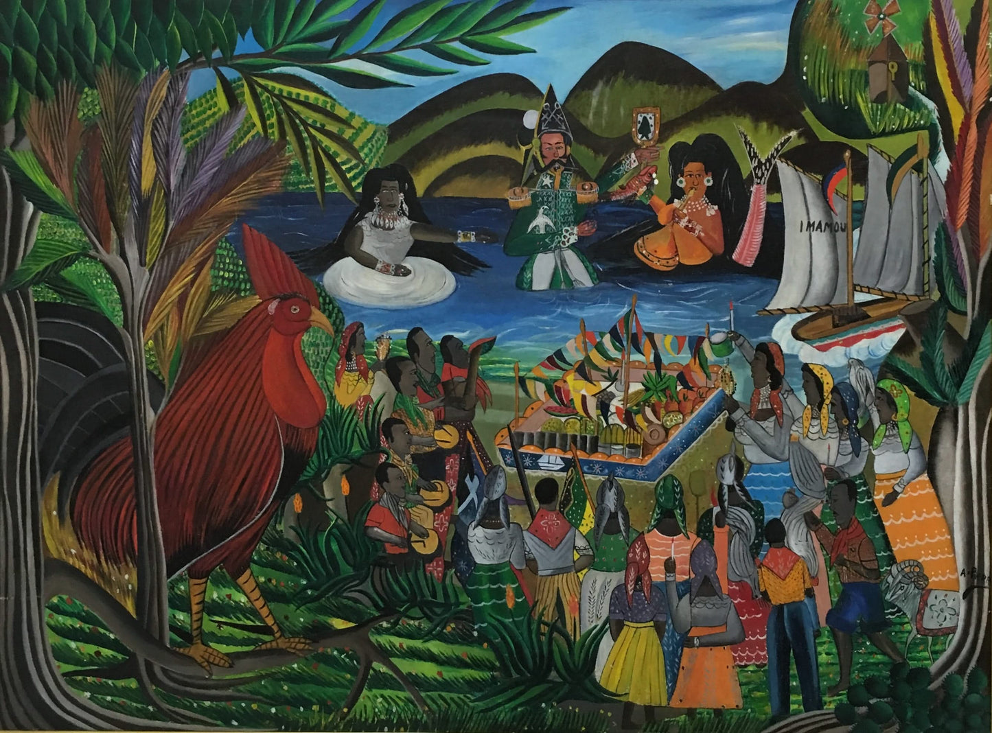 Andre Pierre (Haitian, 1914-2005) 36"x48" Imanou & Rooster 1970 Oil on Board Painting #15-3-96GSN-Collection Family Marie & Georges S. Nader
