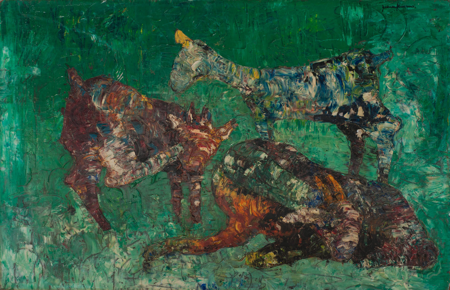 Gesner Armand (1936-2008) 39 ¾" x 29 ¾" Goats Fight 1977 Oil on Board Painting #24-3-96GSN-Fondation Marie & Georges S. Nader