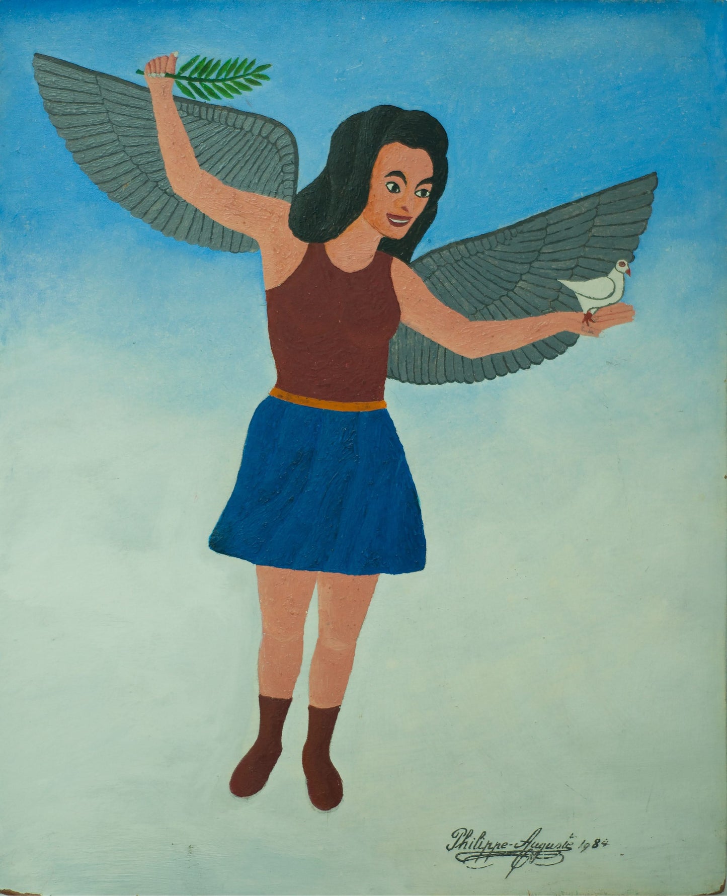 Salnave Philippe Auguste (1908-1989) 21,50"x17,25" Femme volante Ange 1984 Huile sur carton Peinture #4-3-96GSN-Fondation Marie & Georges S. Nader