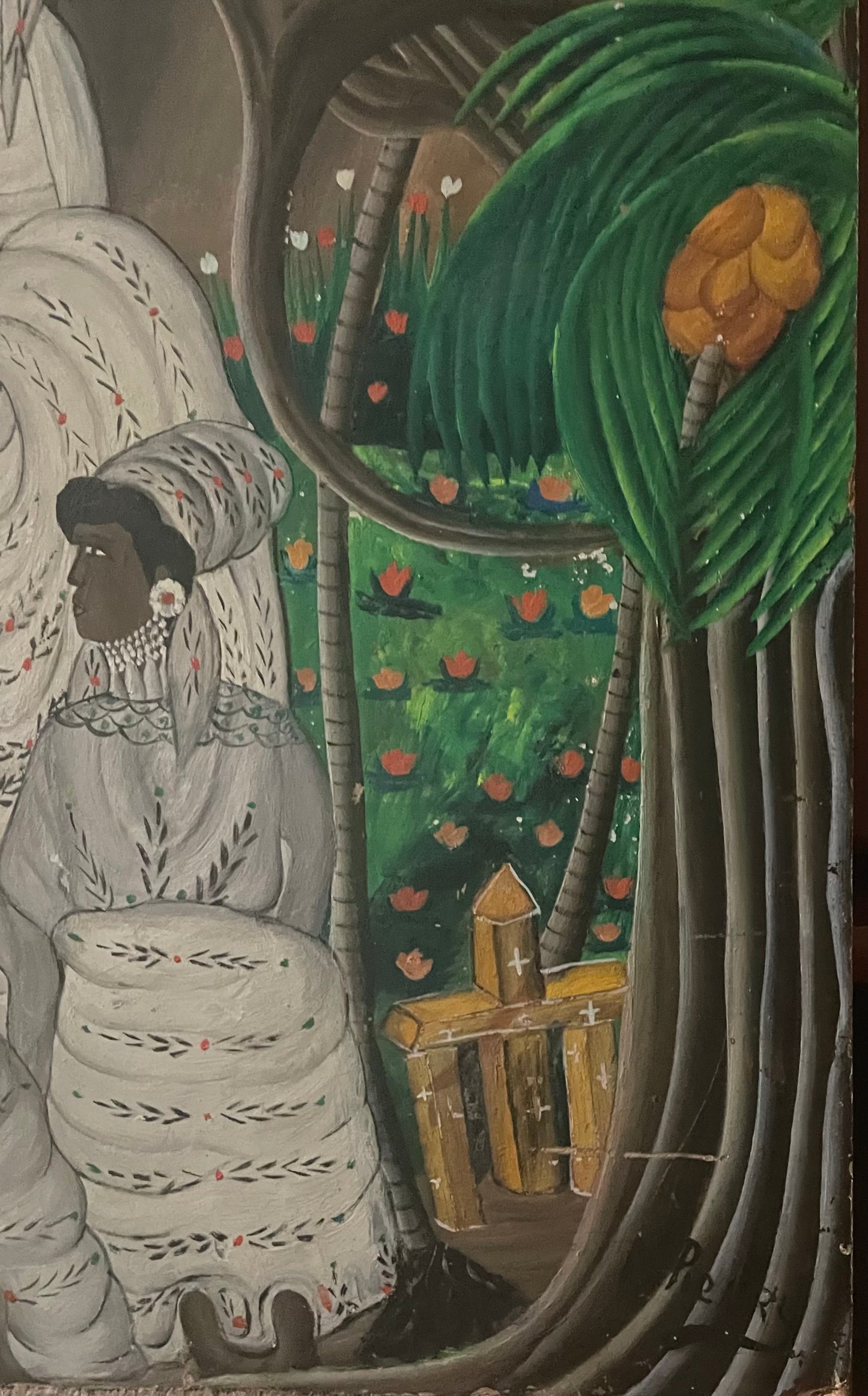 Andre Pierre (Haitiano, 1914-2005) "Ceremonia vudú" Pintura al óleo sobre tabla sin marco 24"h x 36"w #6-2-95GSN-NY