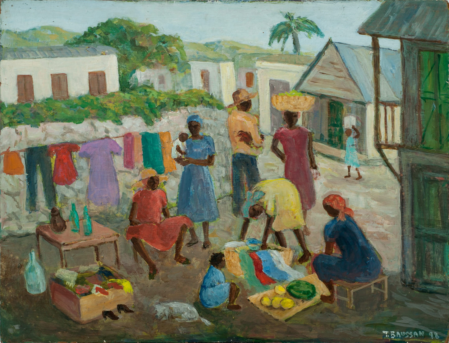 Tamara Baussan Haitian painting of market and daily life scene with women and children, oil on board 14 x 18 inches, 1998, Nader family collection