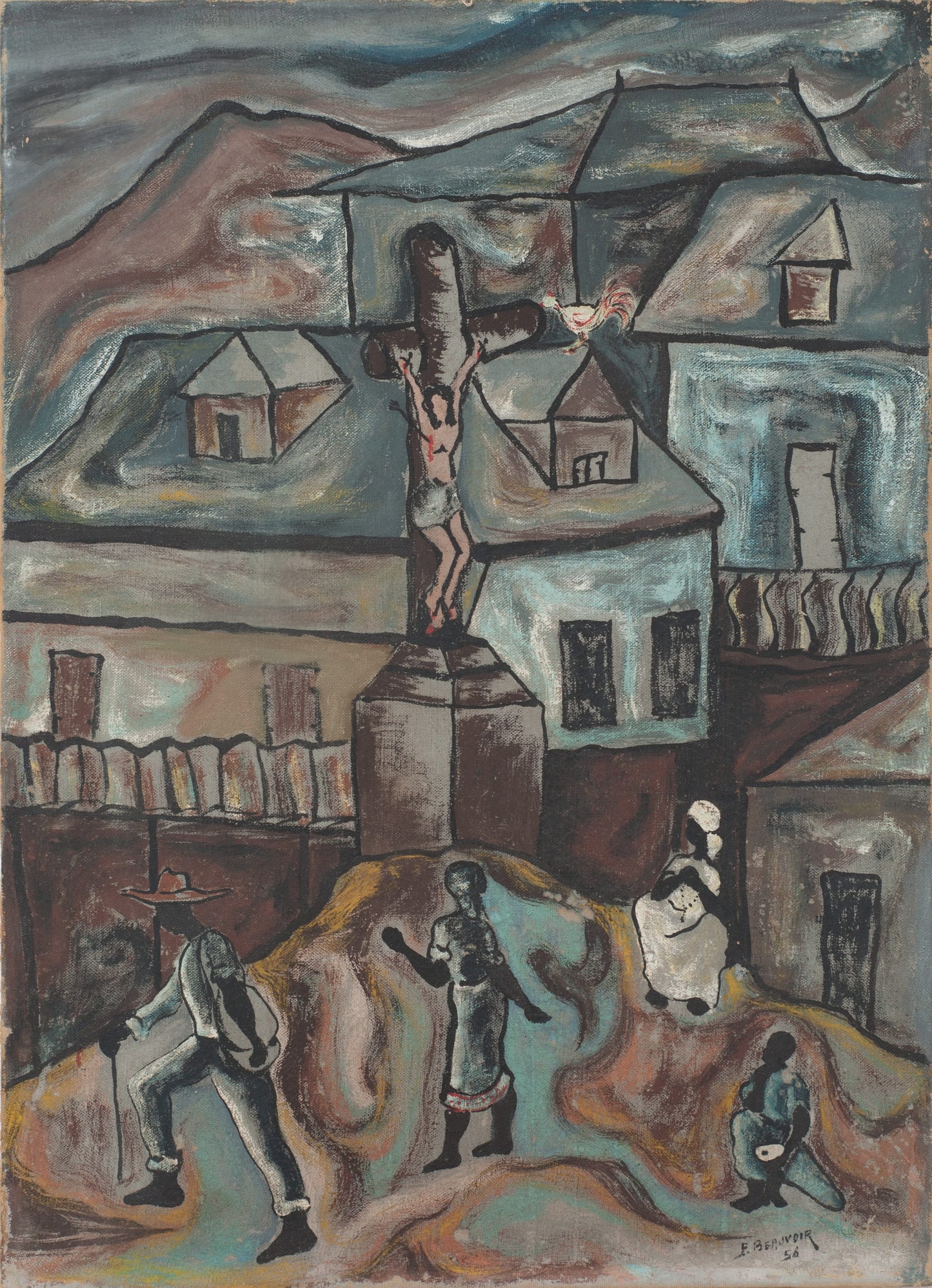 Paul Beauvoir (1932-1972) 25"x18" Crucifixion 1956 Huile sur toile Peinture #11-6-91GSN-Fondation Marie & Georges S. Nader