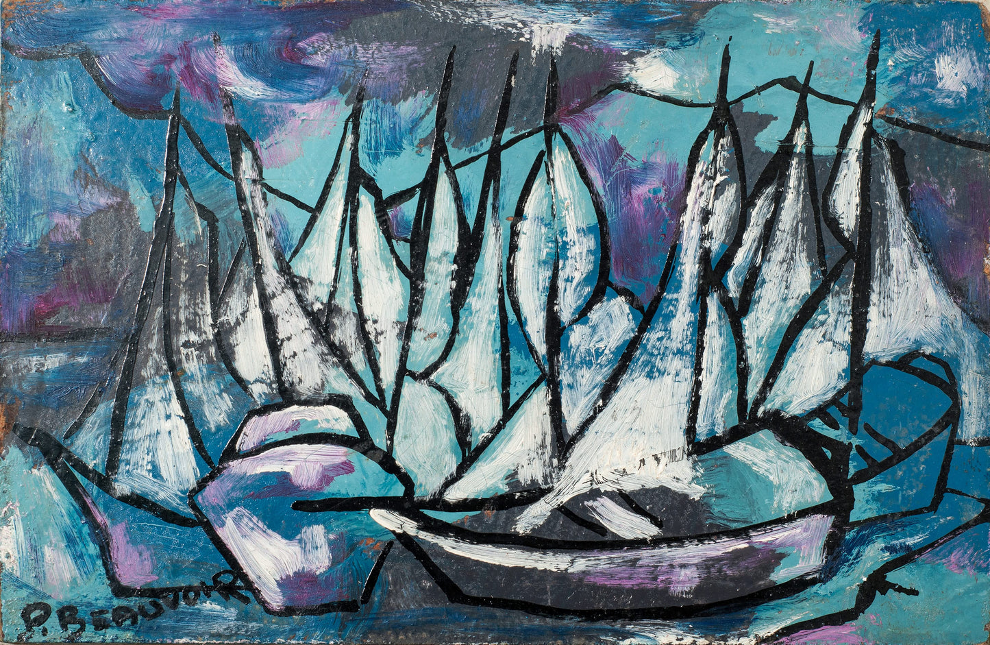Paul Beauvoir (1932-1972) Objet de collection de bateaux bleus 4"x6" c1970 Peinture à l'huile sur panneau #7-1-93GSN-Fondation Marie & Georges S. Nader