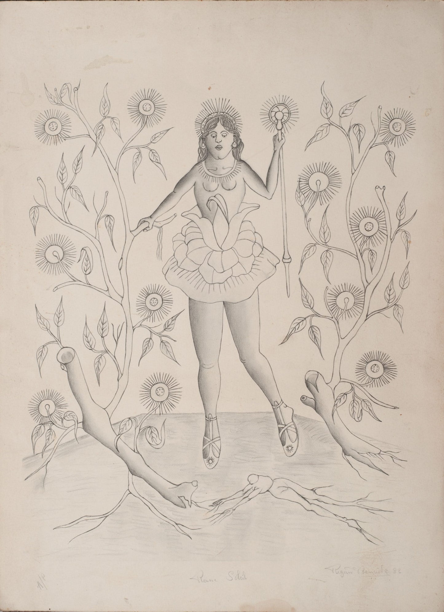 Rigaud Benoit (1911-1986) 30"x22" Reine Soleil 1982 Black and White Artist Proof on Paper Lithograph 1982 (A/P 5/11)GSN-Fondation Marie & Georges S. Nader