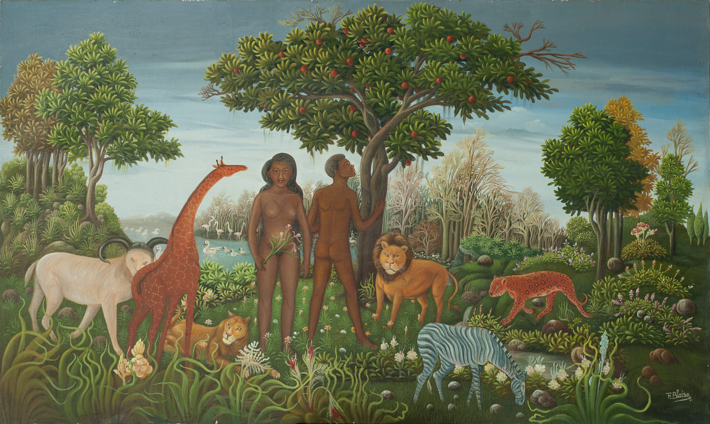 Fabolon Blaise (1959-1985) 36"x60" Adam & Eve Under the Tree c1984 Oil on Canvas Painting #1-3-96GSN-Collection Family of Marie & Georges S. Nader