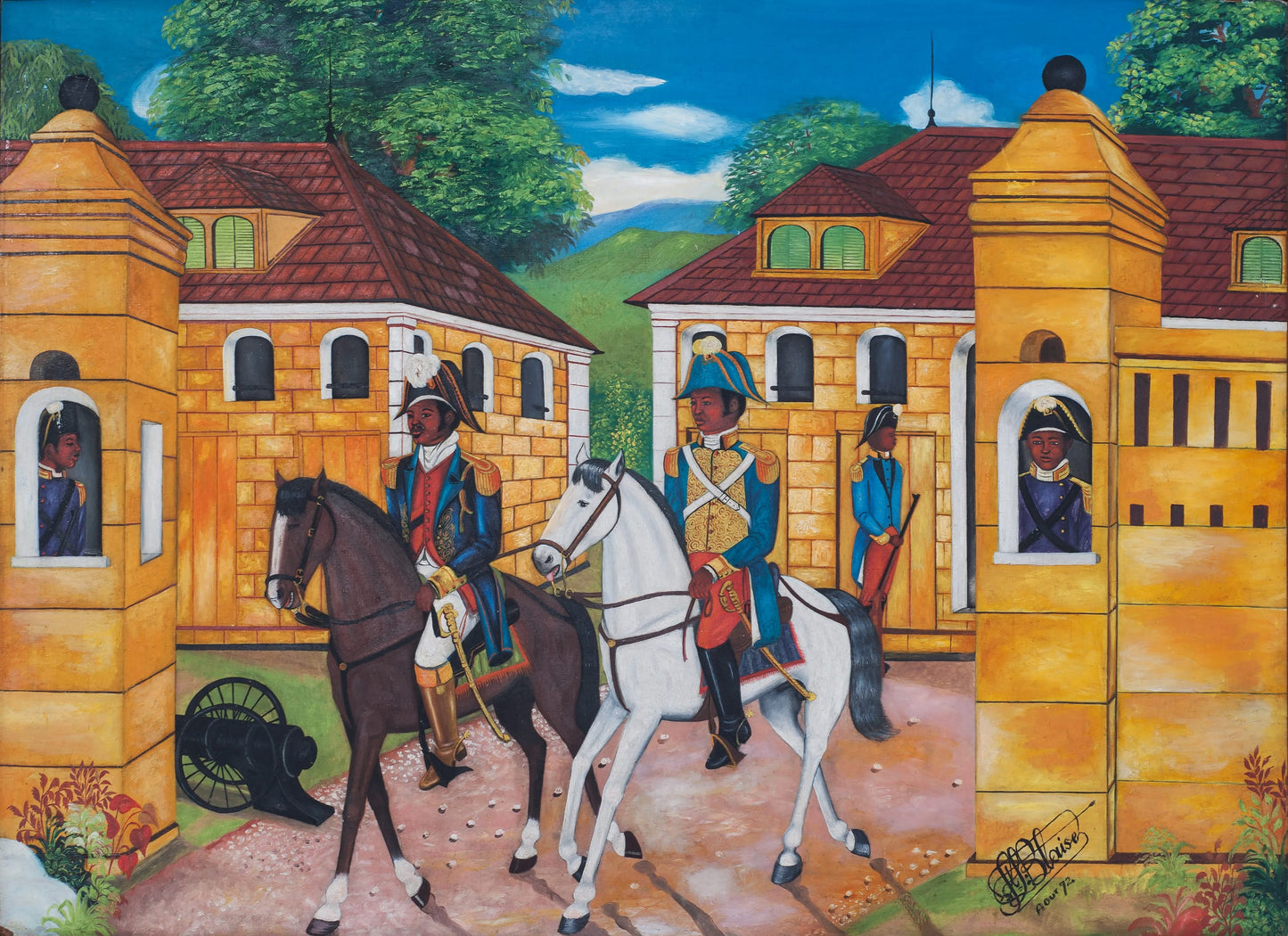 Saint-Louis Blaise (Haïtien, 1956-1993) 23,50"x32" Promenade des Généraux 1972 Huile sur Panneau Peinture #5-3-96GSN-Fondation Marie & Georges S. Nader