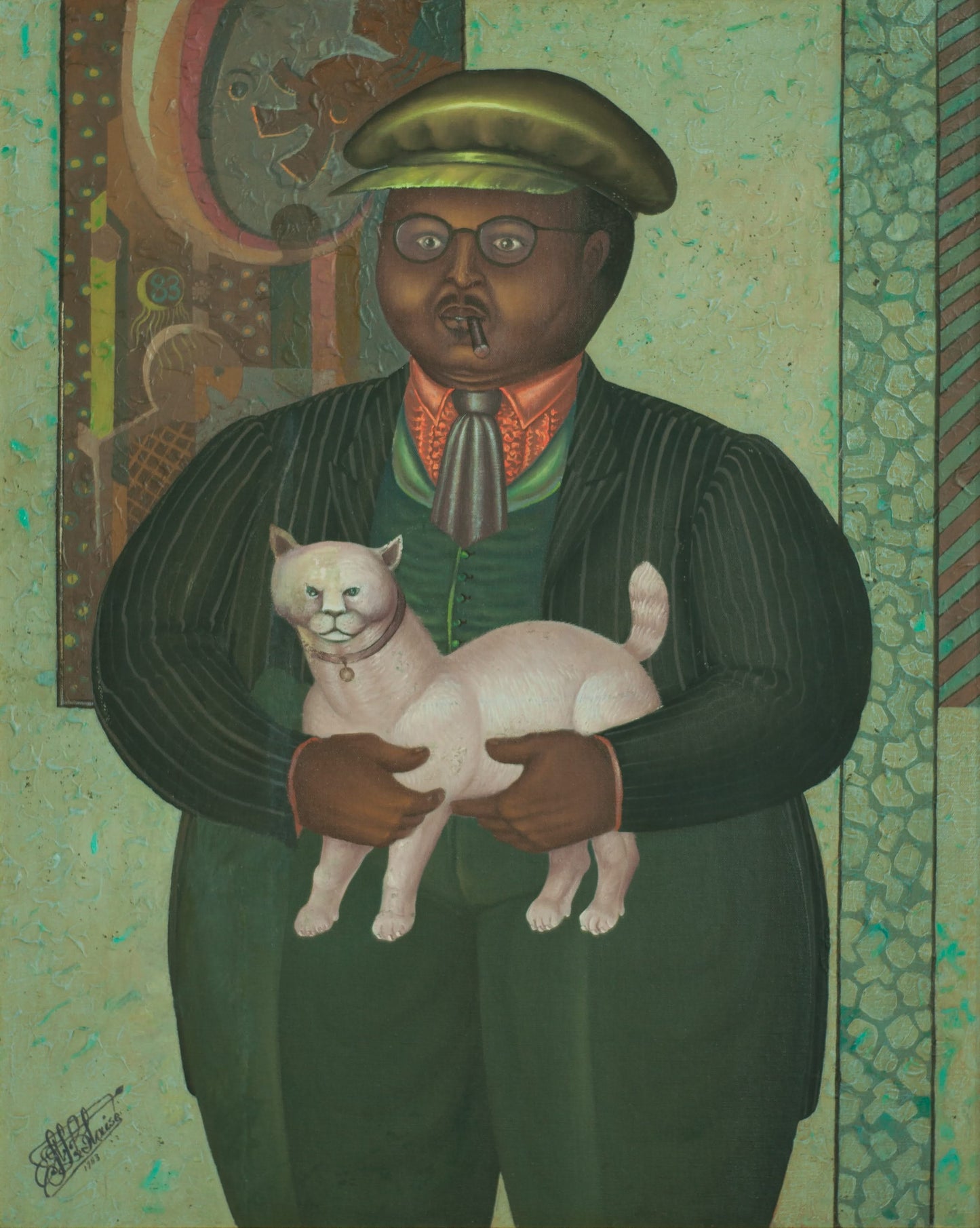 Saint-Louis Blaise (Haïtien, 1956-1993) 30"x24" Le Bourgeois et son chat 1983 Huile sur toile Peinture #2-3-96GSN-Fondation Marie & Georges S. Nader