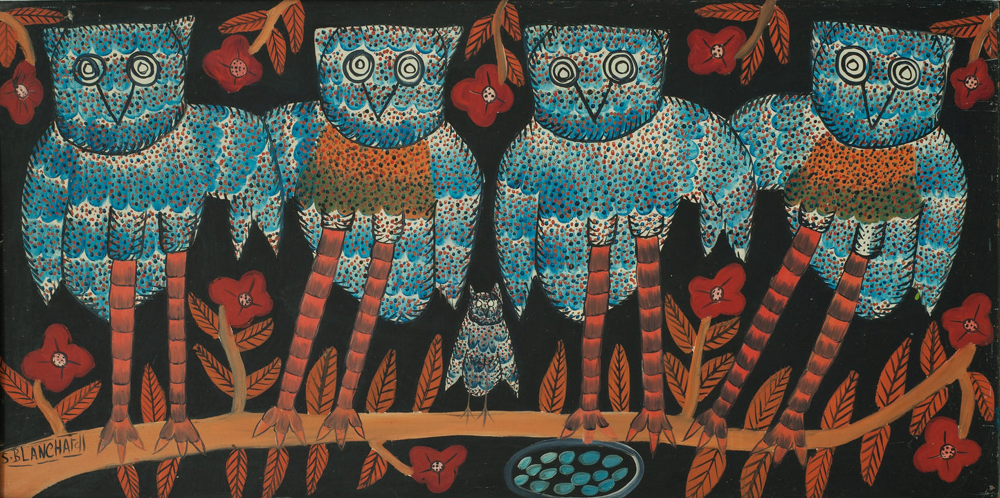 Sisson Blanchard ( 1926-1981) 24"x48" Quatre hiboux 1972 Huile sur carton #8-3-96GSN-Fondation Marie & Georges S. Nader