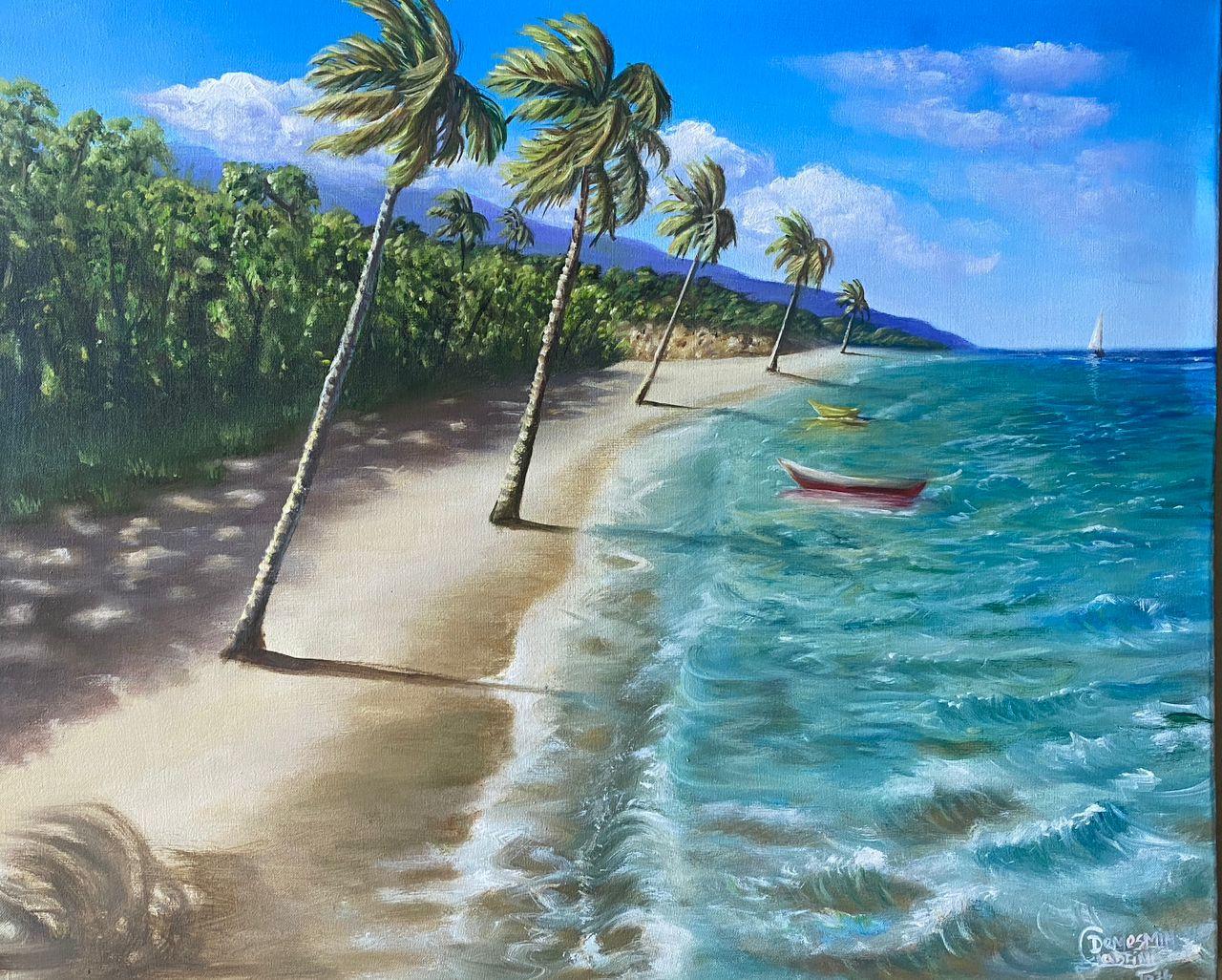 Cabrini Demesmin oil on canvas 20x24 inches showing Caribbean beach with palm trees, turquoise ocean waves, small fishing boats, and distant sailboat.