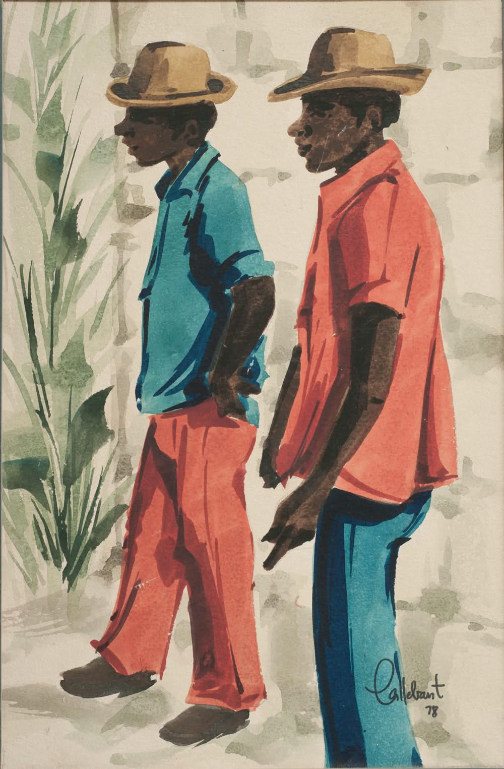 Raymond Callebaut Two Figures Walking 1978 colored ink drawing showing two men walking side by side, Caribbean figurative art on paper