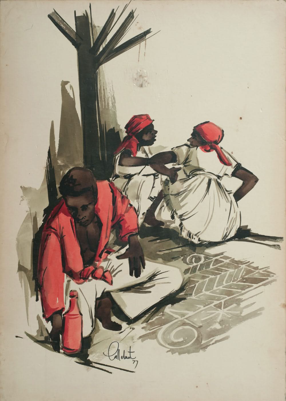 Raymond Callebaut 1977 colored ink drawing depicting figures preparing for a Vodou ceremony, signed and dated, Haitian ritual scene on paper