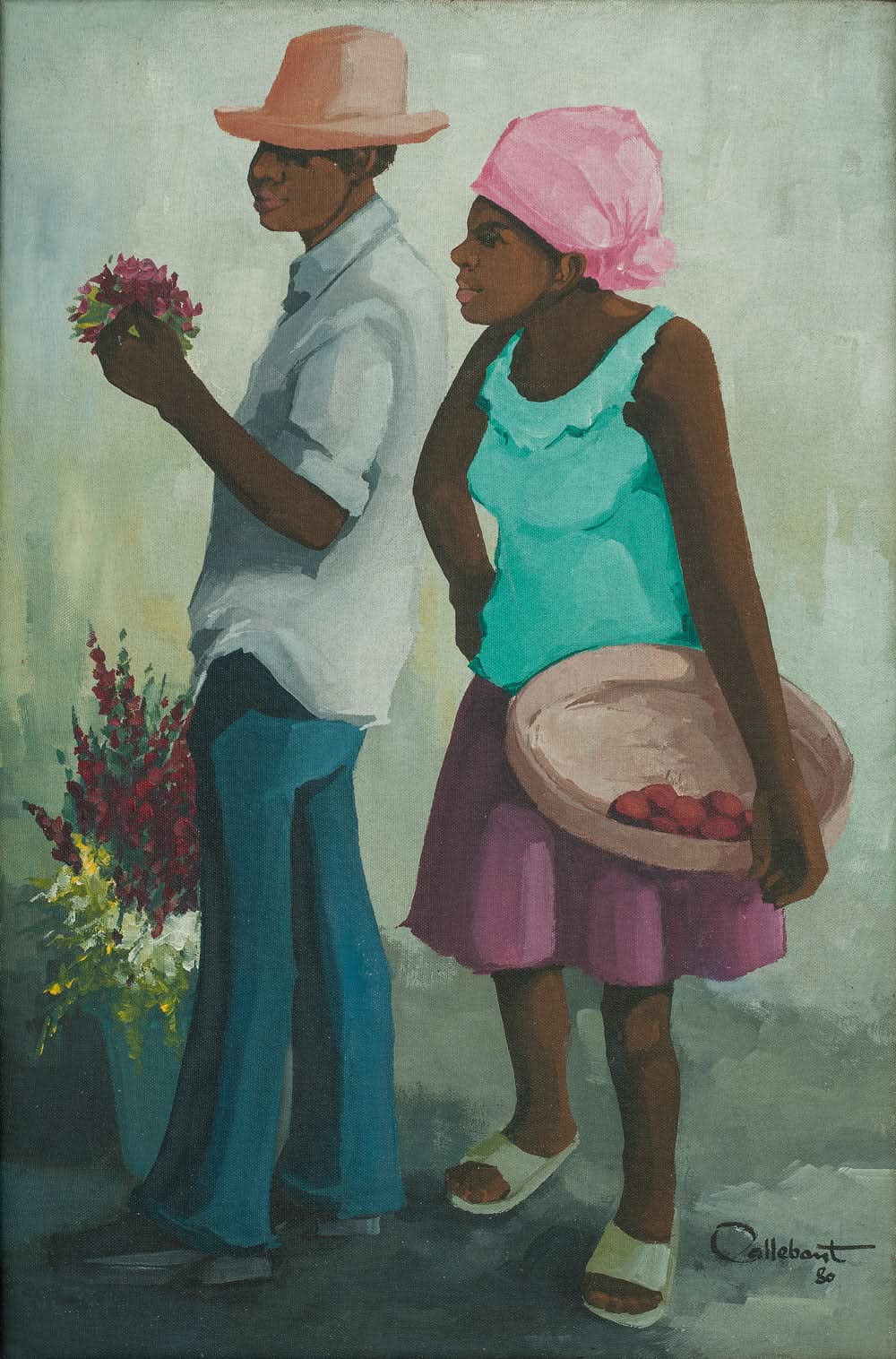 Raymond Callebaut Market Couple 1980 oil on canvas painting showing man with flowers and woman with basket, Caribbean figurative art
