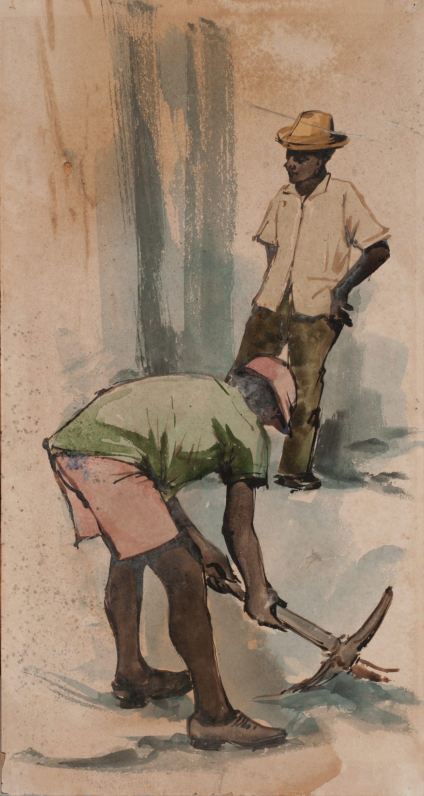 Raymond Callebaut signed 1977 lithograph on paper, figurative scene of two workers, 18.75 x 10 inches, good condition