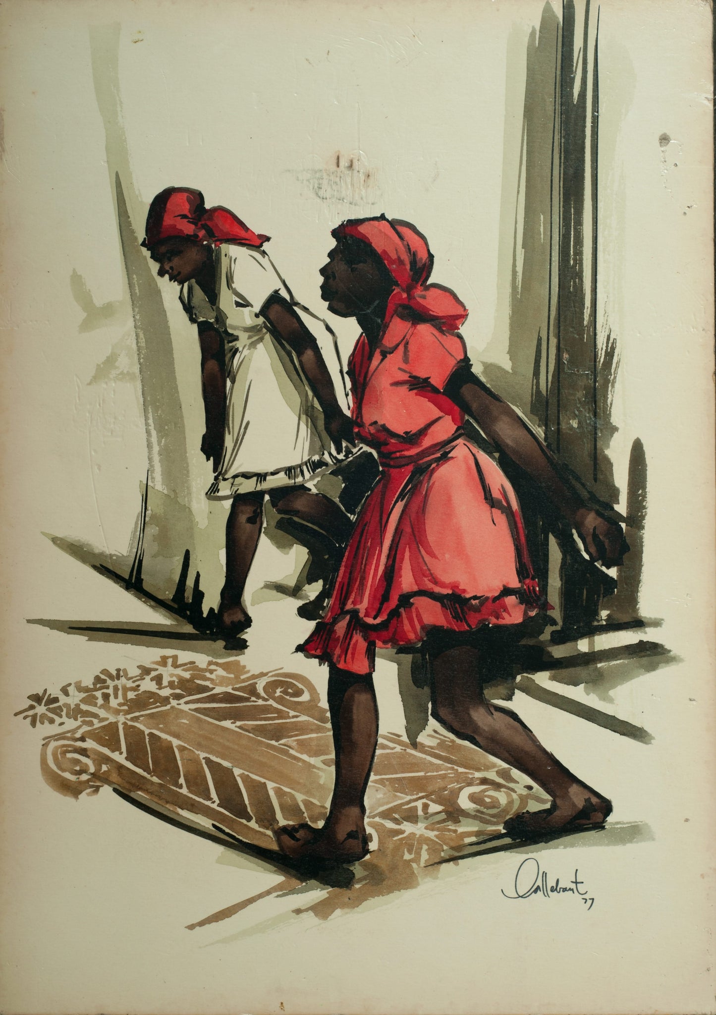 Raymond Callebaut Vodou Dance 1977 colored ink drawing depicting two figures performing a Vodou ritual dance, Caribbean art on paper