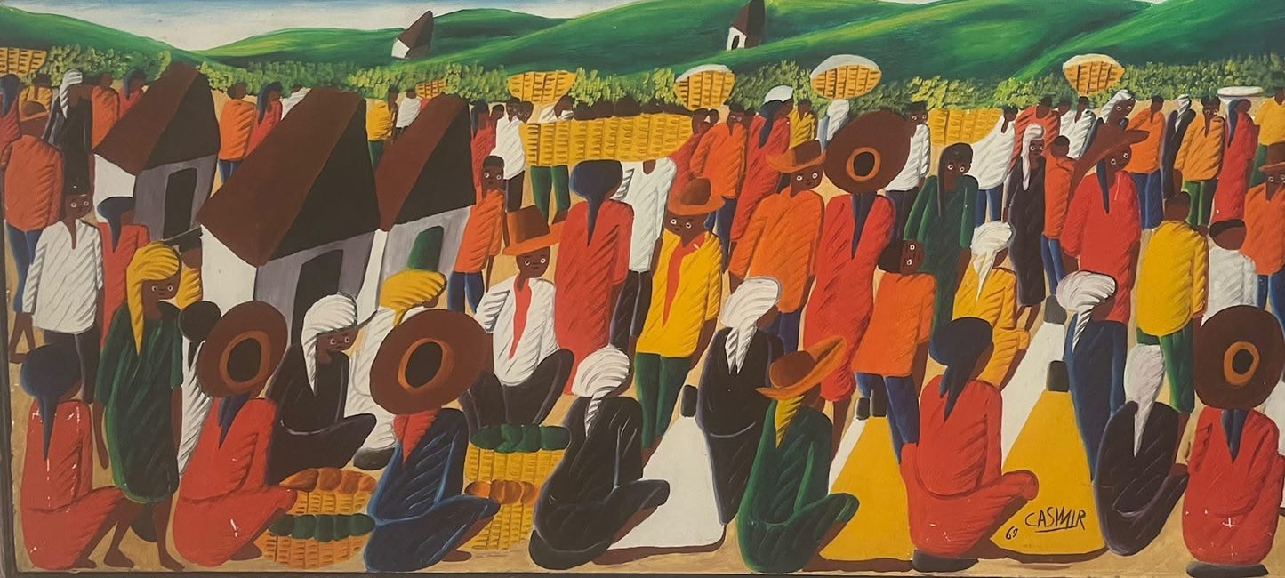 Casimir 18"x40" Market Scene Oil on Board 1969 Unframed Painting #1CC