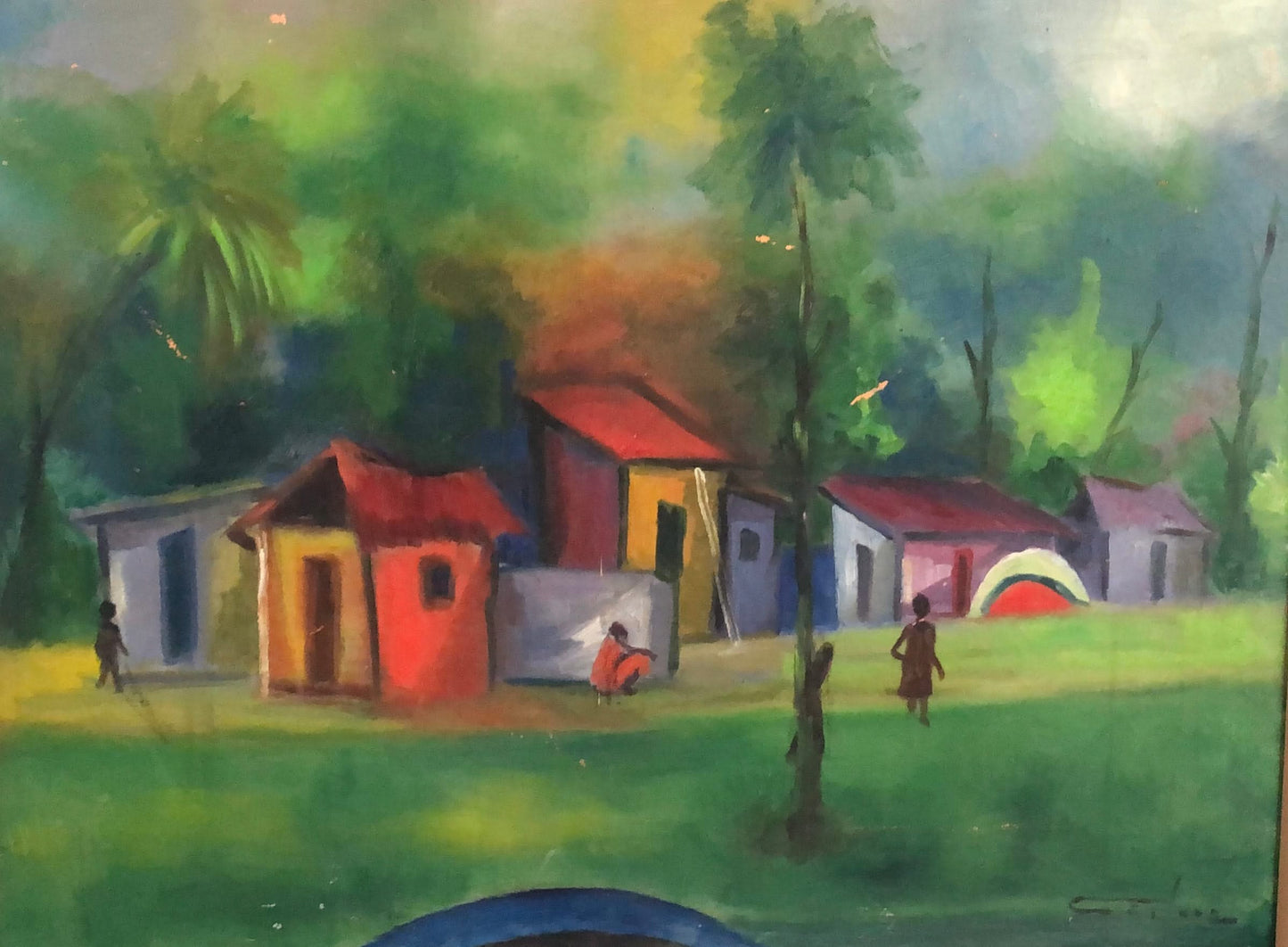 Dieudonne Cedor (1925-2010) 32"x24" Village at Dusk c1970's Oil On Board Painting #1YN