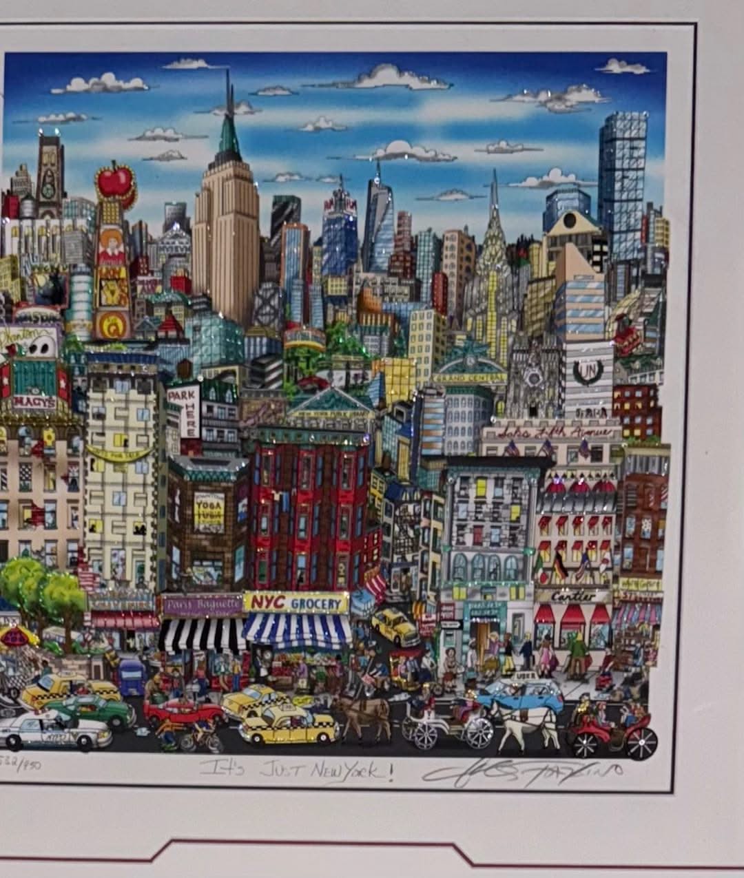 Charles Fazzino 16"x17" 'It's Just New York' 2023 3-D Relief Serigraph in Color with Mixed Media Embellishments on Paper. Hand-Signed in Ink Lower Right by the Artist 532/950 Framed 33.5"x34.5" #1NS