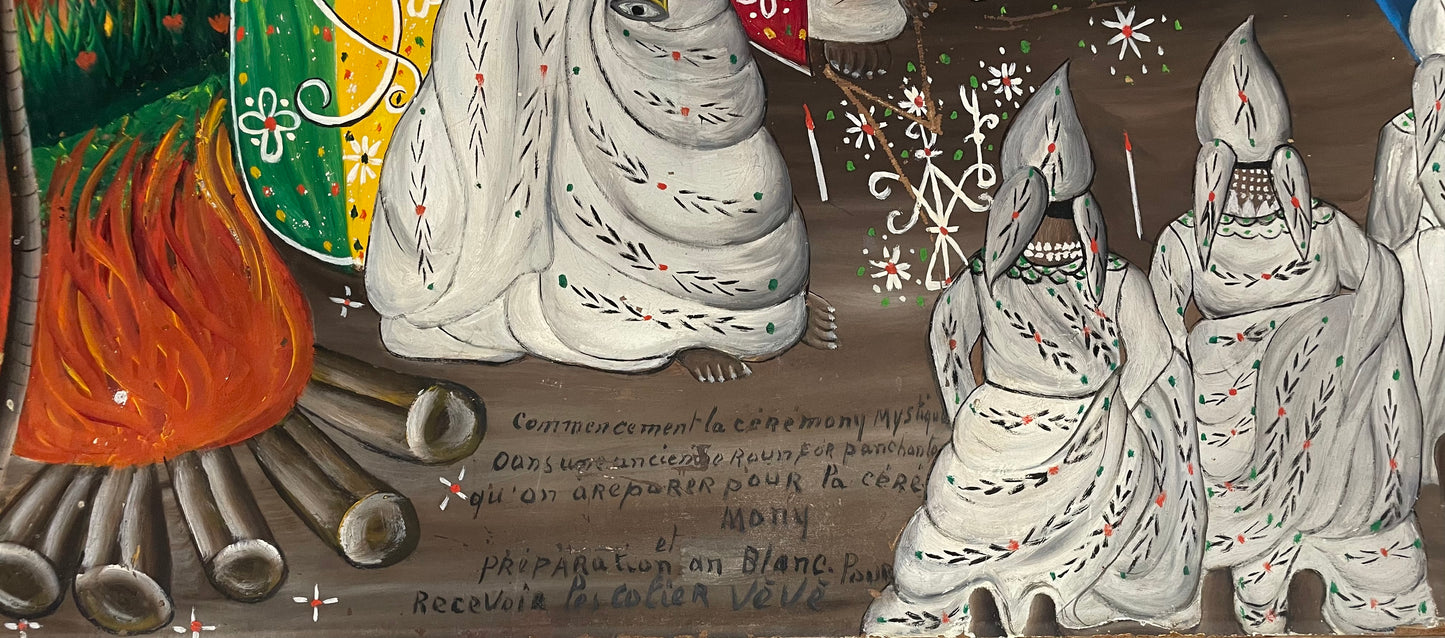 Andre Pierre (Haitiano, 1914-2005) "Ceremonia vudú" Pintura al óleo sobre tabla sin marco 24"h x 36"w #6-2-95GSN-NY