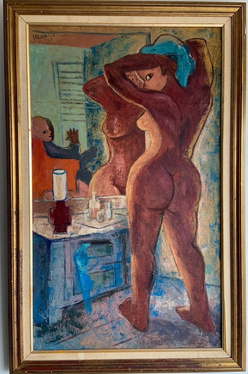 Rose-Marie Desruisseau (haïtienne, 1933-1988) 40"x24" Femme peignant les cheveux/miroir 1970 Huile sur toile encadrée Peinture-Objet de collection #1GSN-MIA