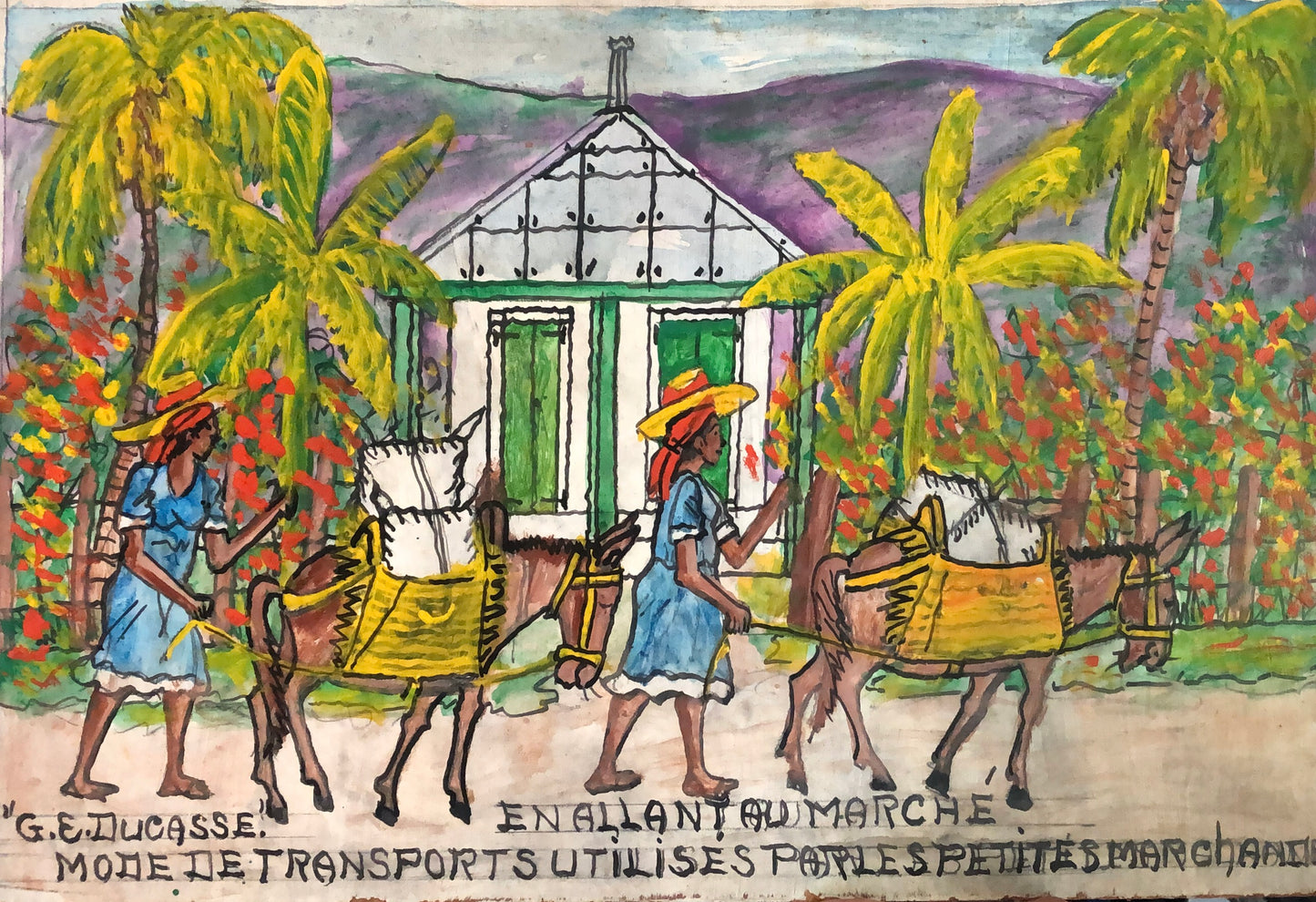 Gervais Emmanuel Ducasse (1903-1988) 24"x16" "Mujeres campesinas van al mercado a vender sus productos" Óleo a bordo #25MFN