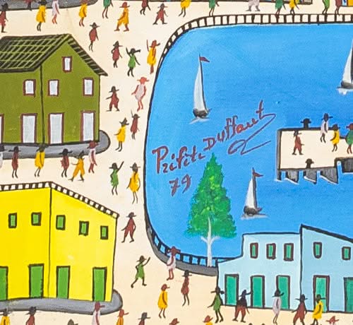 Préfet Duffaut (Haïtien, 1923-2012) 39,75 "x 29,50" Ville Imaginaire 1979 Huile sur Toile Peinture Encadrée #20SS