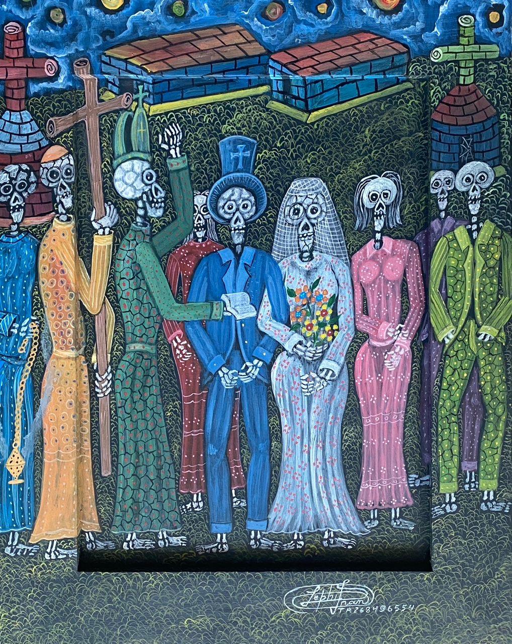 Frantz Zephirin 2025 Haitian Vodou wedding painting Baron Samedi and Grande Brigitte, hand-painted border frame, 20x16 oil on board, inscription VTA2688496554