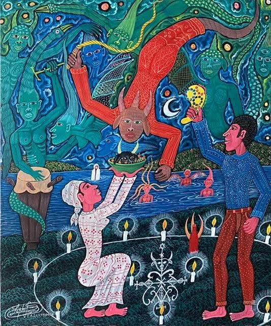 Frantz Zephirin 24"x20" Ceremoni Offrande A Bossou 2005 Oil on Canvas Painting #24JN-HA