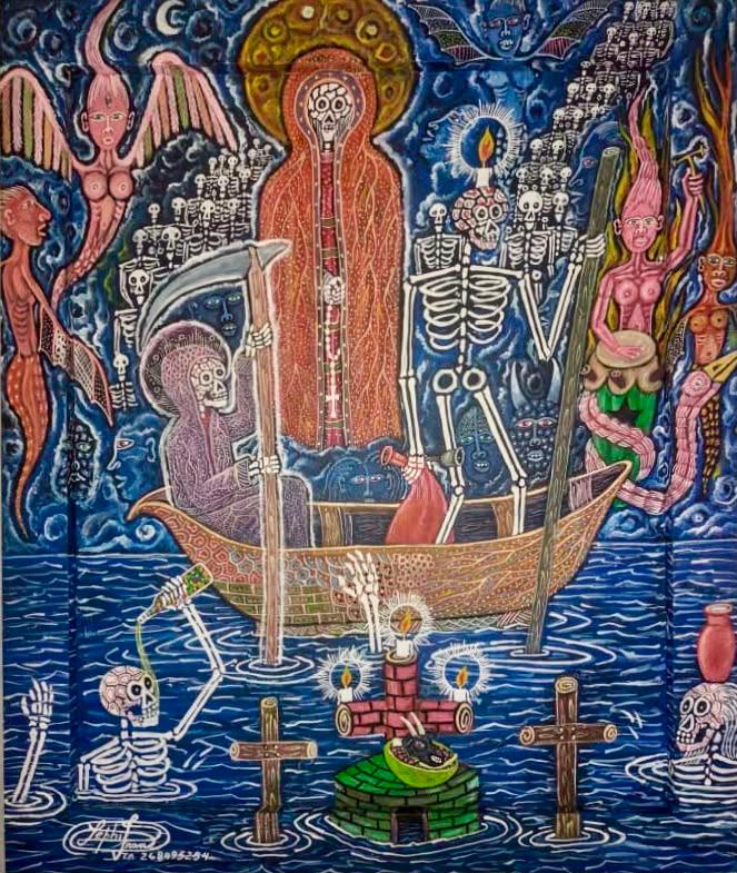 Frantz Zéphirin oil painting in hand-made encrusted frame of Baron Samedi and Grande Brigitte in a wooden boat crossing water, surrounded by skeleton figures, mermaids, candles, and cemetery crosses, Haitian Vodou art