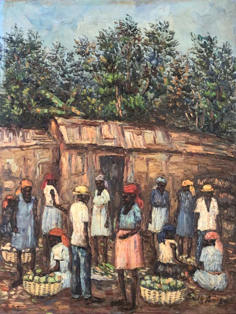 Fritz Louizor painting of a Haitian market scene with women and baskets of produce, oil on canvas, 16x12 inches, unframed.