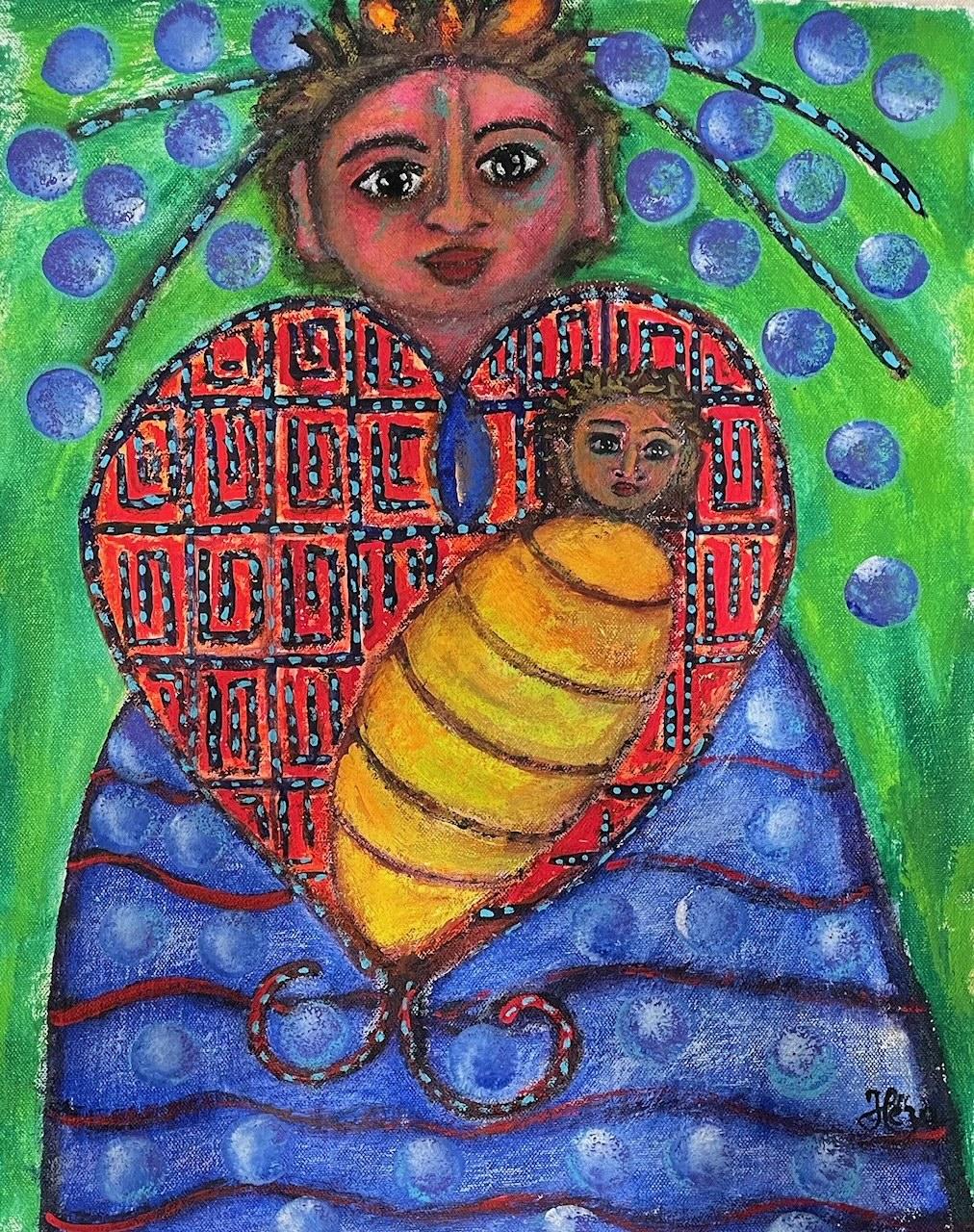 Heza Barjon 15"x12" Erzulie & Child (Yellow) 2022 Acrylic on Canvas Painting #4-JSB-NY