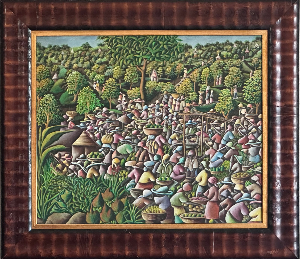 Joseph Jn-Gilles 20" x24" Market Day Crowd c1970 Oil on Canvas Unframed Painting #2GBC