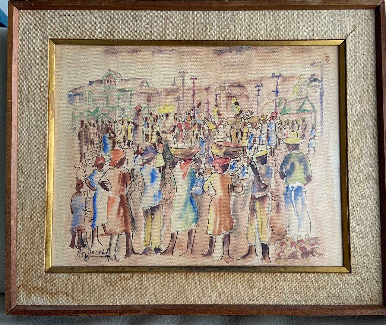 Antonio Joseph (1921-2016) 14"x18" Escena de mercado ocupado c1945-46 Acuarela sobre papel #1GSN-MIA