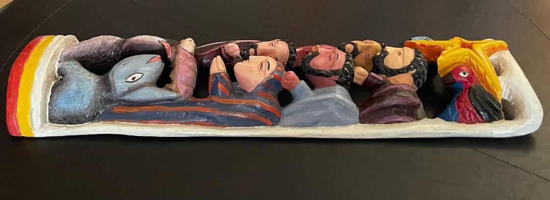 Nacius Joseph 23"L x 1"W x 6"H The Nativity c1990 Hand-Carved Colored Mahogany Wood Sculpture #3MFN