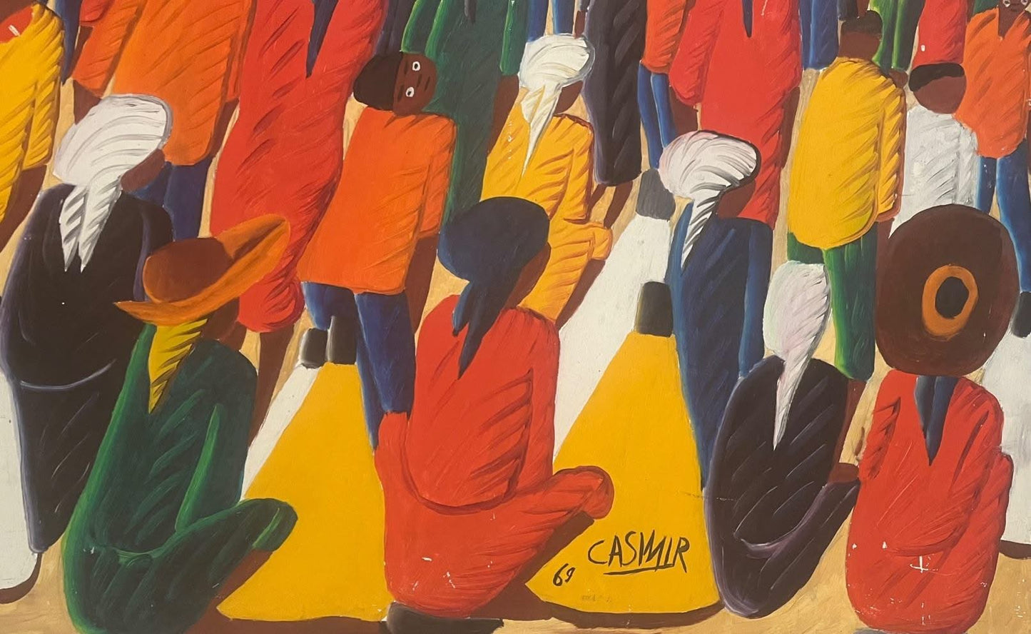 CASIMIR Laurent (1928-1990) 18"x40" Village Market Scene 1969 Oil on Board Scratched Unframed Painting #1CC