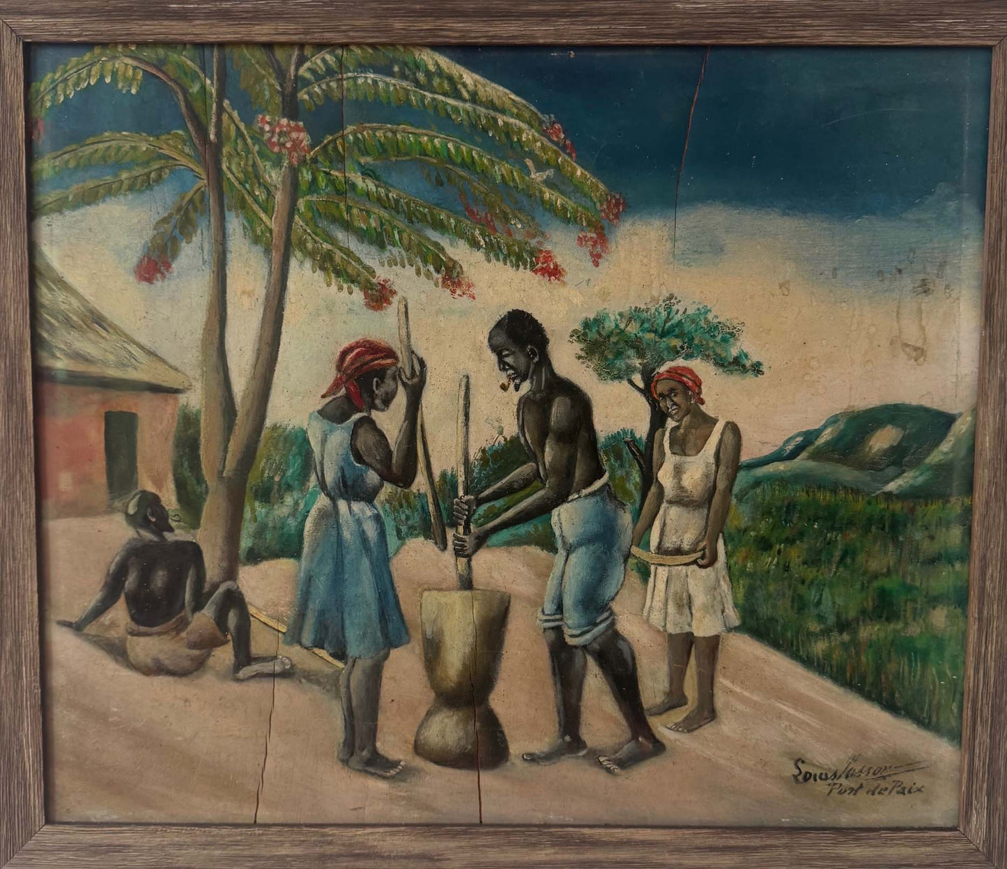 Louis Vassor (1888-1968) 19"x22" Rural Labor Scene c1930 Oil on Board Framed Under Glass Painting #3CZ