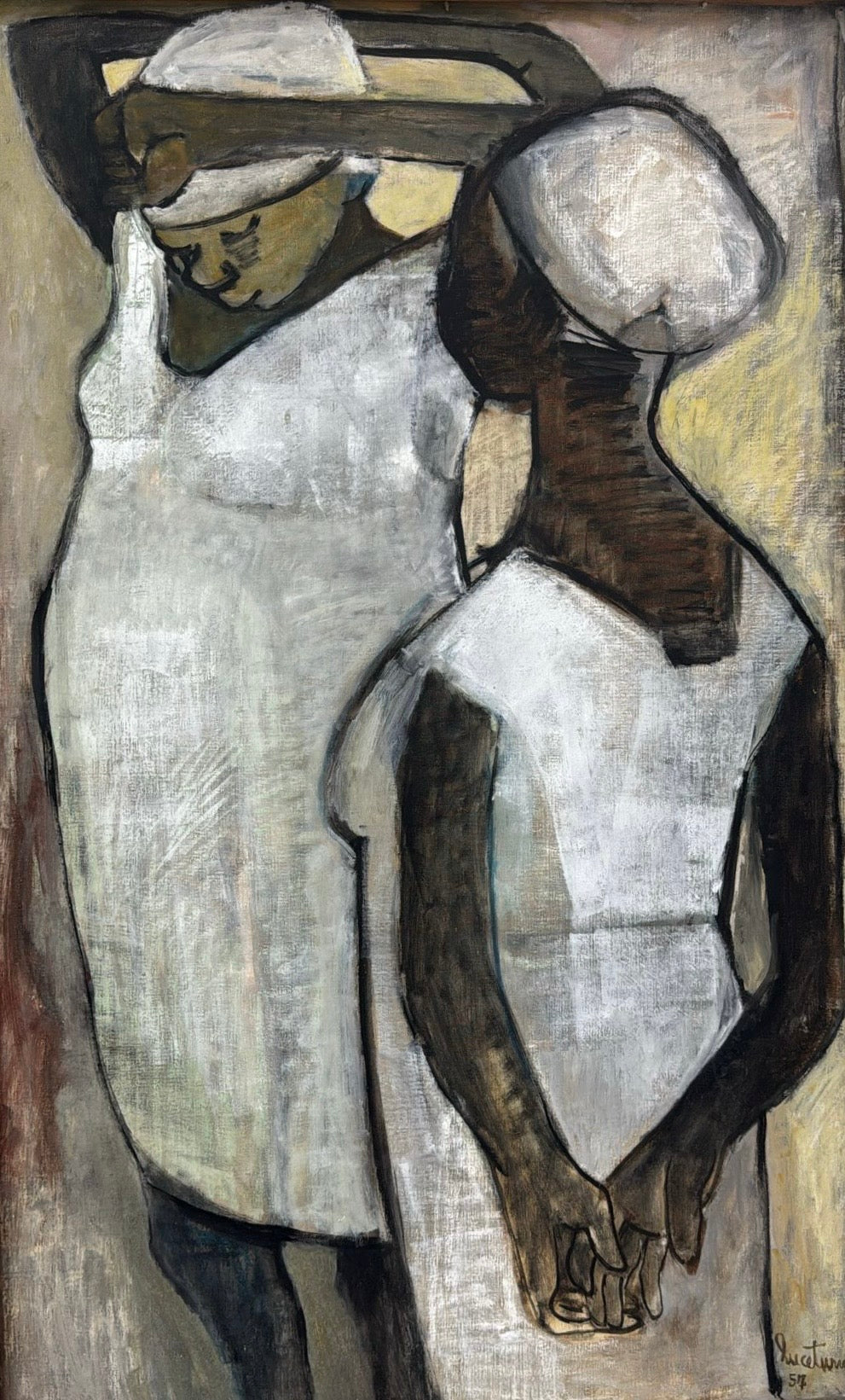 Luce Turnier 48"x30" Two Female Figures 1957 Acrylic on Canvas Unframed Painting#3GN-HA