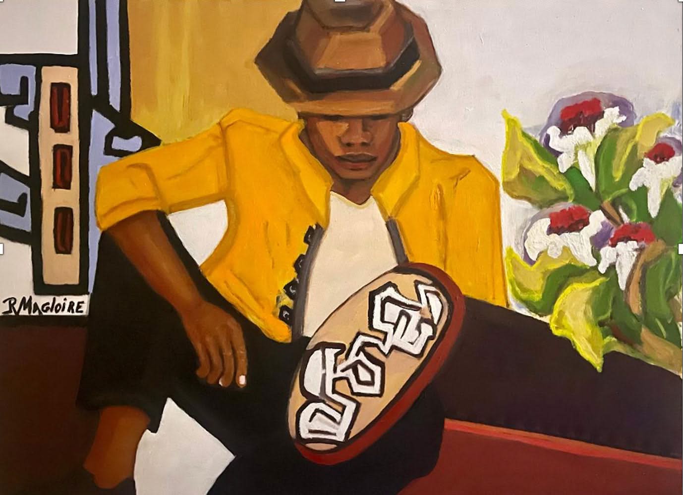 Painting of a person wearing a yellow jacket with a guitar, sitting in a room with flowers and abstract art.