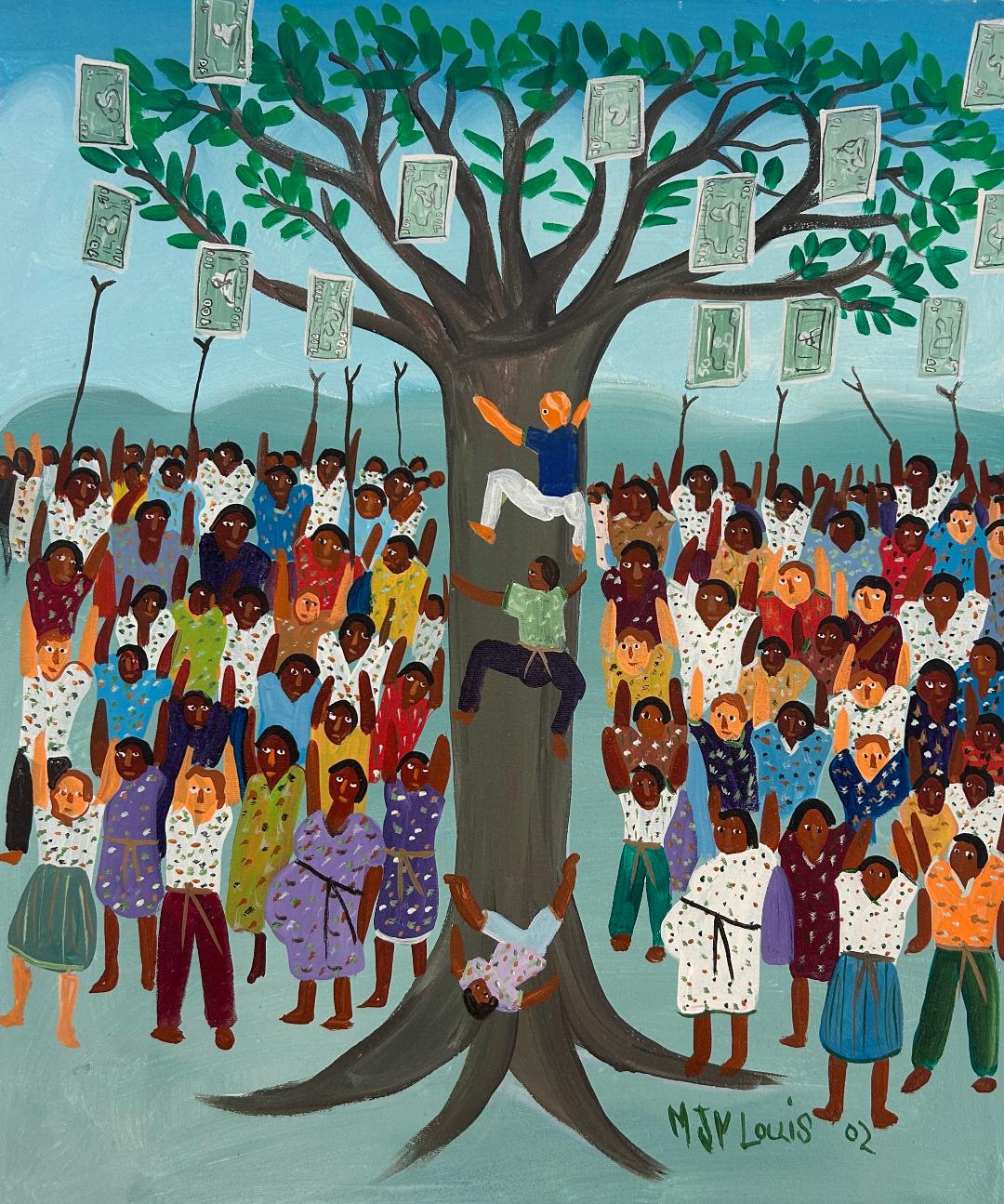 Maxan Jean Louis 20"x24" Money Grows on Trees 2002 Acrylic on Canvas Painting #3AK