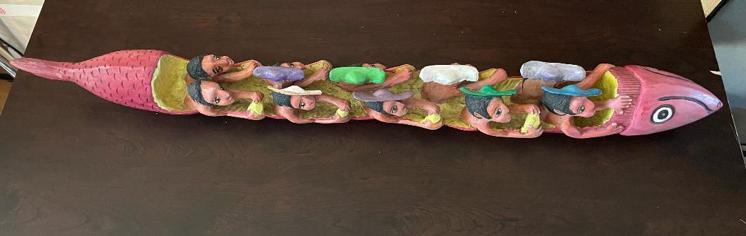 Nacius Joseph 43"L x 2"W x 5"H Rowing in a Big Fish c1990 Hand-Carved Colored Mahogany Wood Sculpture #4MFN