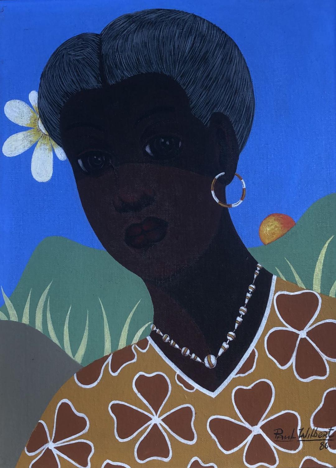 Paul Wilbert 1986 acrylic painting, Haitian art portrait of woman with flower, 12x16 unframed
