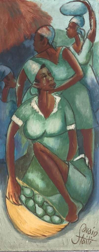 Pétion Savain (1906-1973) 24"x20" Vendeurs & Enfant 1960 Huile sur toile encadrée #1VL