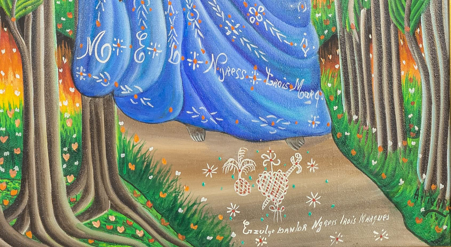 Andre Pierre (1914-2005) 29" X 23 ½" "Erzulie Dantor Ngress Lrois Marques" c1980 Huile sur toile Peinture encadrée #12SS
