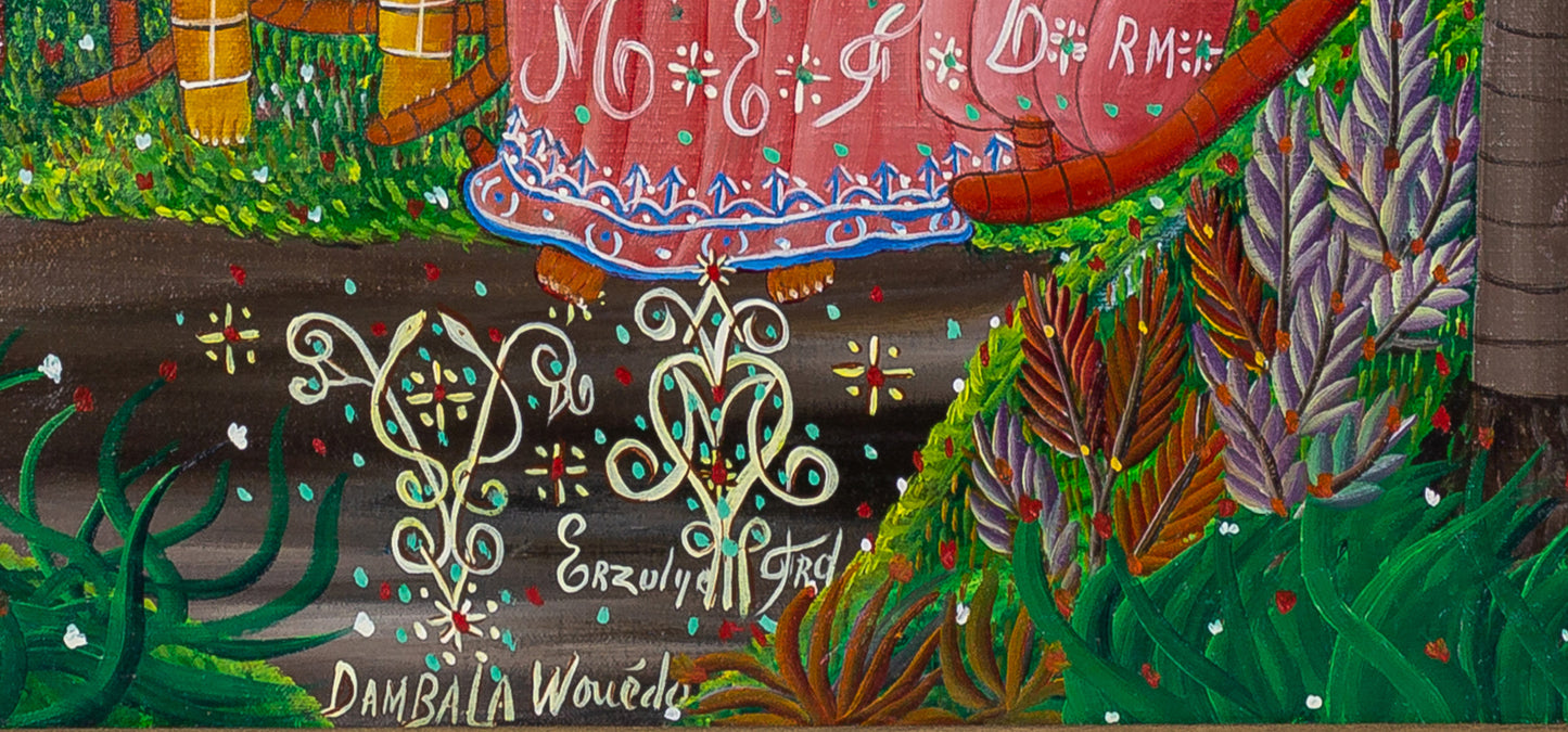 Andre Pierre (1914-2005) 20"x32" "Erzuly Freda Dambala Wouedo" c1980 Oil on Canvas Framed Painting #22SS