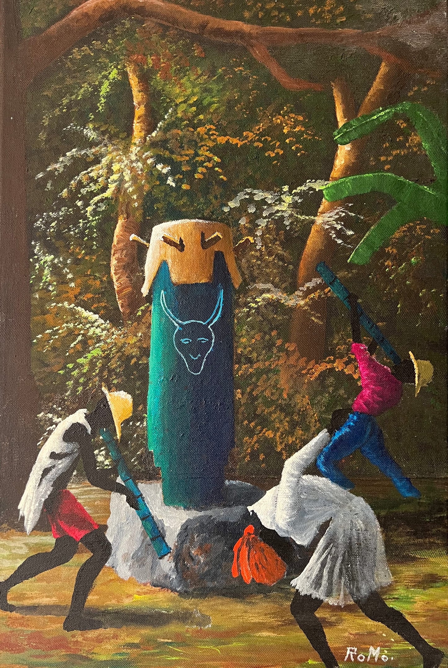 Romo Haitian oil painting depicting a ceremonial Vodou-inspired gathering with dancers surrounding a sacred drum in a tropical forest setting.