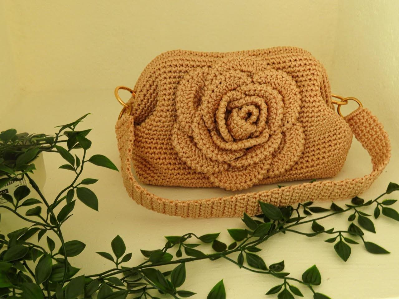 "Rose Bag" by Lady Katrina Crochet 10" x 7.5" (26 x 19 cm) Large Gold Yellow Handbag Made in Haiti #KATRINA#7
